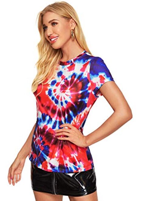 SheIn Women's Tie Dye Print Round Neck Short Sleeve Crop T-Shirt Top