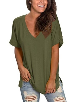 Topstype Womens Summer Short Sleeve T Shirts V Neck Tunic Roll Up Tops Cute Tees Loose Fitted Henley Workout Shirts