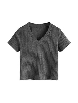 Women's Basic Short Sleeve V Neck Ribbed Knit Crop Top Tee Shirt