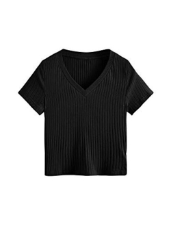 Women's Basic Short Sleeve V Neck Ribbed Knit Crop Top Tee Shirt