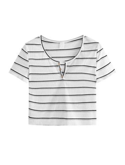 Women's Basic Short Sleeve V Neck Ribbed Knit Crop Top Tee Shirt