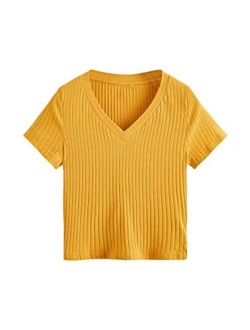 Women's Basic Short Sleeve V Neck Ribbed Knit Crop Top Tee Shirt