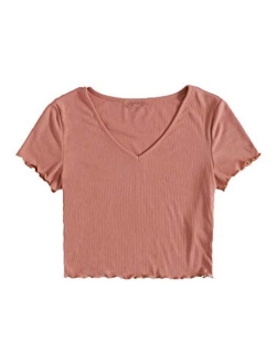 Women's Basic Short Sleeve V Neck Ribbed Knit Crop Top Tee Shirt