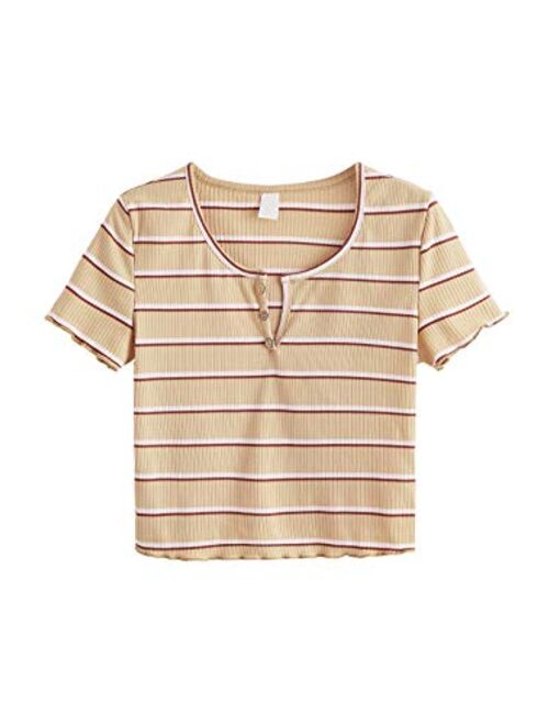 SweatyRocks Women's Basic Short Sleeve V Neck Ribbed Knit Crop Top Tee Shirt