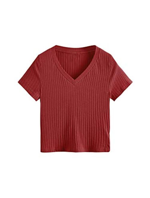 SweatyRocks Women's Basic Short Sleeve V Neck Ribbed Knit Crop Top Tee Shirt