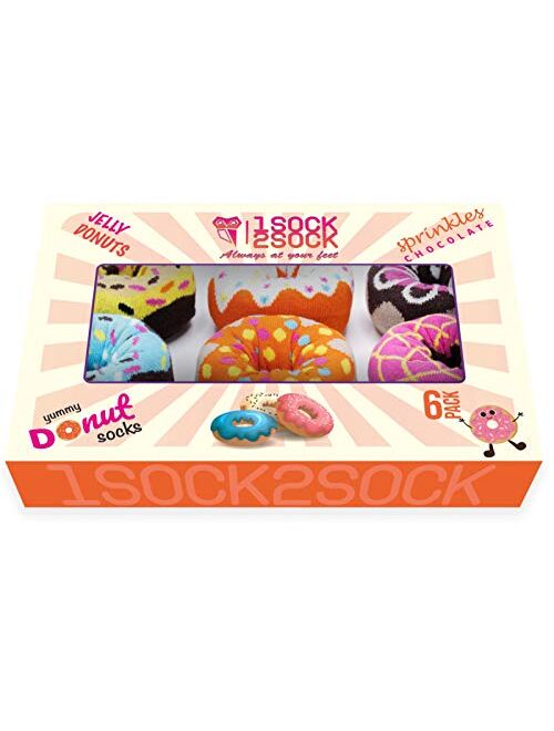 1Sock2Sock Women's Donut Socks Cute Gift Box Colorful Pattern & Soft Cotton Novelty Crew Sock (Fits Shoe Size 6-10)