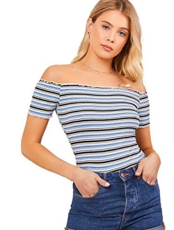 Women's Off The Shoulder Crop Top Striped T Shirt