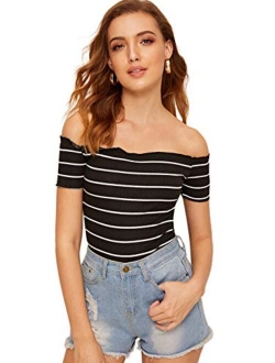 Women's Off The Shoulder Crop Top Striped T Shirt