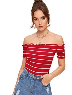 Women's Off The Shoulder Crop Top Striped T Shirt