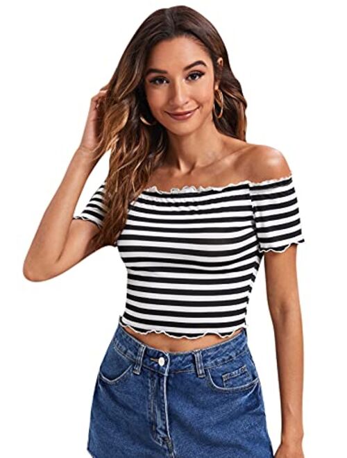 Floerns Women's Off The Shoulder Crop Top Striped T Shirt