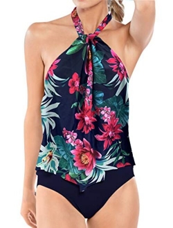 Upopby Women's Sexy High Neck One Piece Swimsuits Halter Flounce Backless Bathing Suits Plus Size Swimwear Monokini