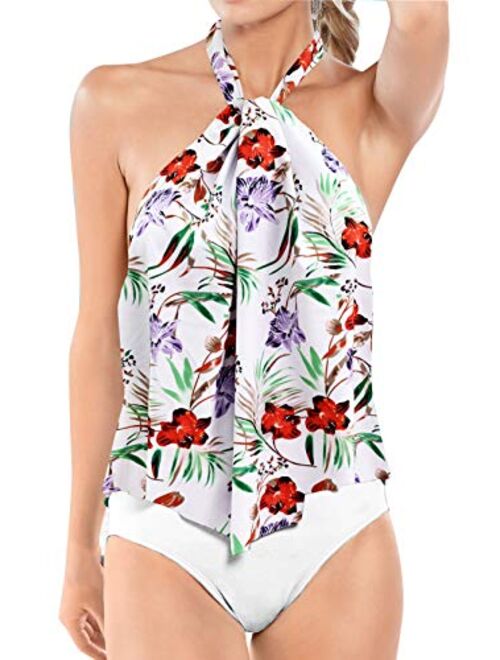 Upopby Women's Sexy High Neck One Piece Swimsuits Halter Flounce Backless Bathing Suits Plus Size Swimwear Monokini