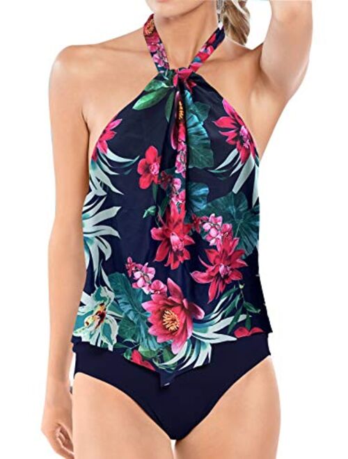 Upopby Women's Sexy High Neck One Piece Swimsuits Halter Flounce Backless Bathing Suits Plus Size Swimwear Monokini