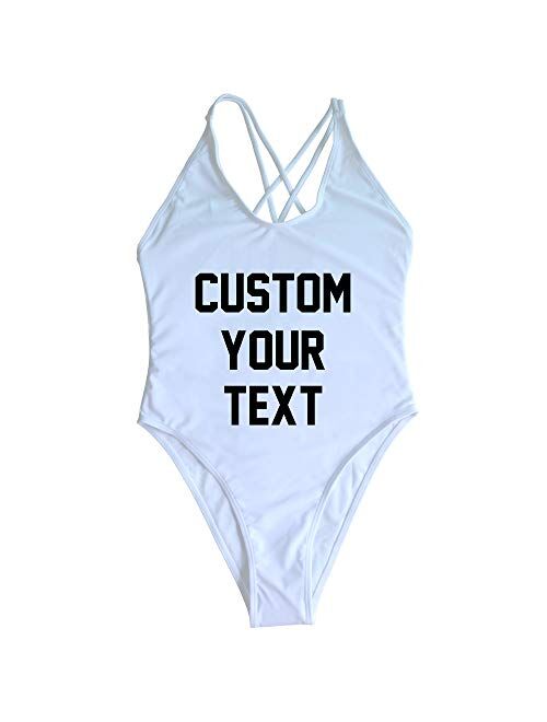 Yarsiman New Women 90s 80s Saying Print Criss Cross Back One Piece Swimsuit High Leg Swimwear Retro Straps Bathing Suit