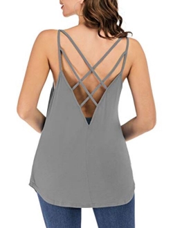 Women's Cute Criss Cross Back Tank Tops Loose Hollow Out Camisole Shirt