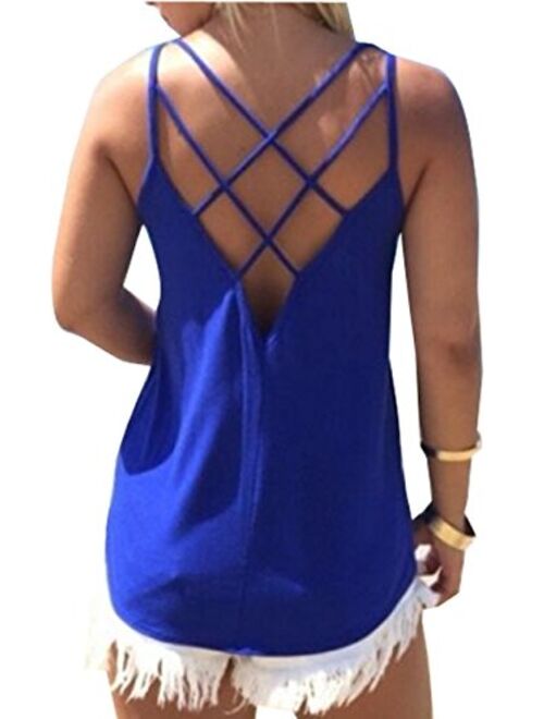 Women's Cute Criss Cross Back Tank Tops Loose Hollow Out Camisole Shirt