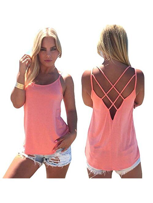 Women's Cute Criss Cross Back Tank Tops Loose Hollow Out Camisole Shirt