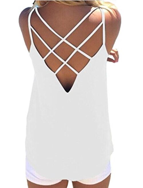 Women's Cute Criss Cross Back Tank Tops Loose Hollow Out Camisole Shirt