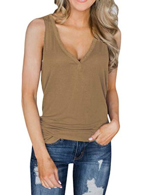 Dellytop Womens V Neck Tank Tops Sleeveless Henley Shirts Button Up Ribbed Long Tunic Tees