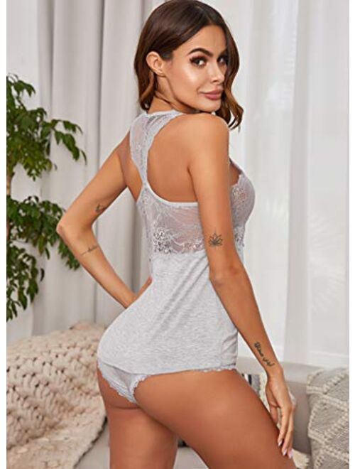 ELOVER Women Lace Pajamas Set Shorts Nightwear Camisole Sets Sexy Sleepwear