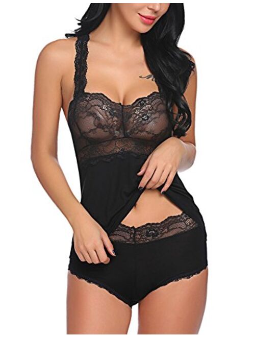 ELOVER Women Lace Pajamas Set Shorts Nightwear Camisole Sets Sexy Sleepwear