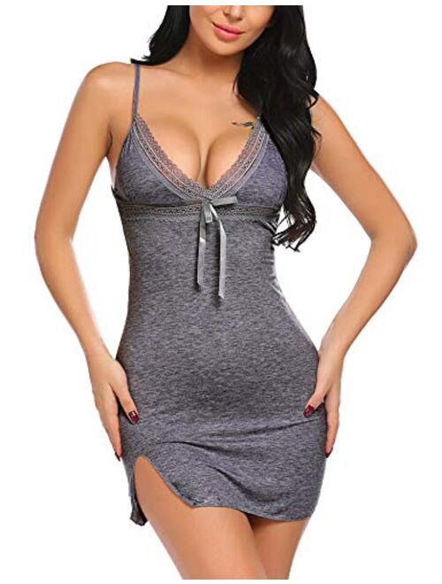 ADOME Cotton Sleepwear Women V Neck Chemise Nightgown Lace Lingerie Full Slip Dress