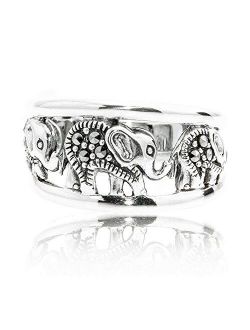 Chuvora 925 Oxidized Sterling Silver Marcasite Elephants Band Ring - Nickel Free