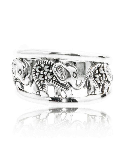 Chuvora 925 Oxidized Sterling Silver Marcasite Elephants Band Ring - Nickel Free