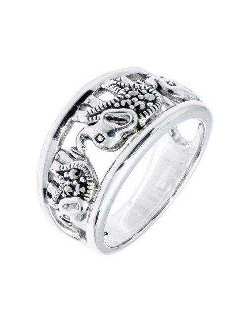 Chuvora 925 Oxidized Sterling Silver Marcasite Elephants Band Ring - Nickel Free