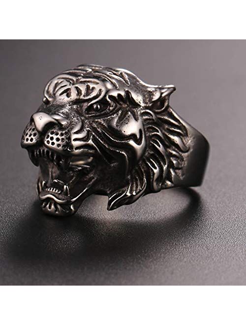 U7 Men's Vintage Costume Finger Band Silver Black Stainless Steel Tiger Head/Skull/Evil Eye/Wolf Ring, Size 7 to 14