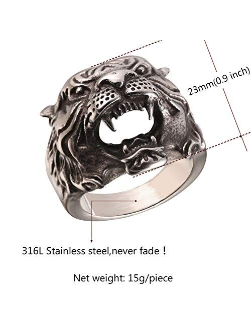 U7 Men's Vintage Costume Finger Band Silver Black Stainless Steel Tiger Head/Skull/Evil Eye/Wolf Ring, Size 7 to 14