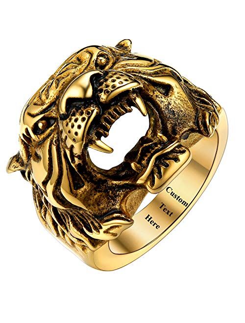 U7 Men's Vintage Costume Finger Band Silver Black Stainless Steel Tiger Head/Skull/Evil Eye/Wolf Ring, Size 7 to 14