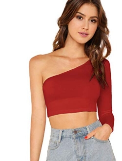 Women's One Shoulder Long Sleeve Tee Shirt Crop Tops