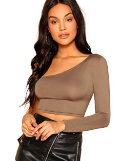 Women's One Shoulder Long Sleeve Tee Shirt Crop Tops