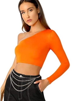 Women's One Shoulder Long Sleeve Tee Shirt Crop Tops