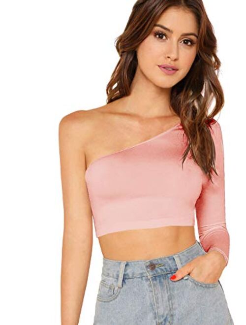 Floerns Women's One Shoulder Long Sleeve Tee Shirt Crop Tops