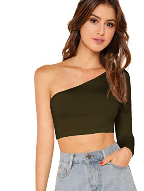 Floerns Women's One Shoulder Long Sleeve Tee Shirt Crop Tops