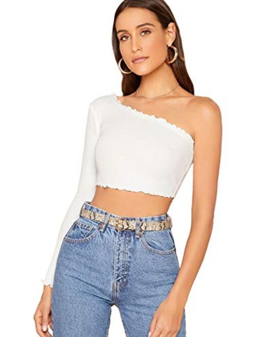 Floerns Women's One Shoulder Long Sleeve Tee Shirt Crop Tops