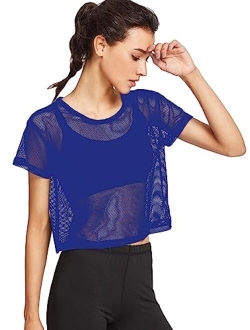 Women's Sexy Sheer Mesh Fishnet Net Short Sleeve T-Shirt Crop Top