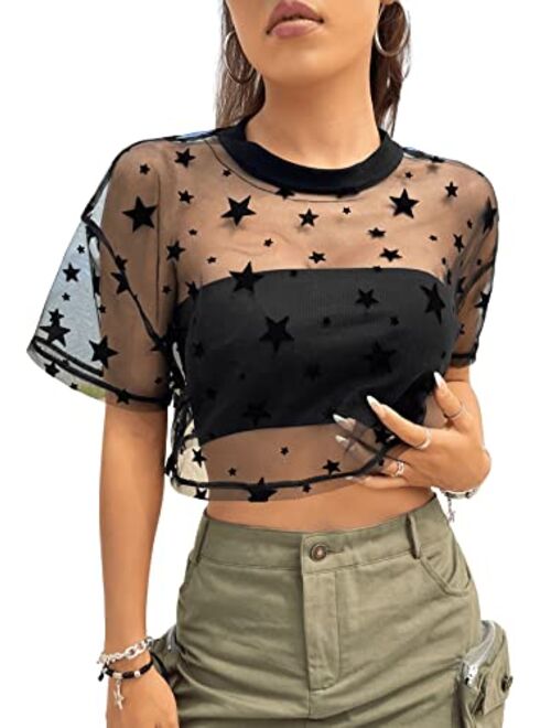 SweatyRocks Women's Sexy Sheer Mesh Fishnet Net Short Sleeve T-Shirt Crop Top