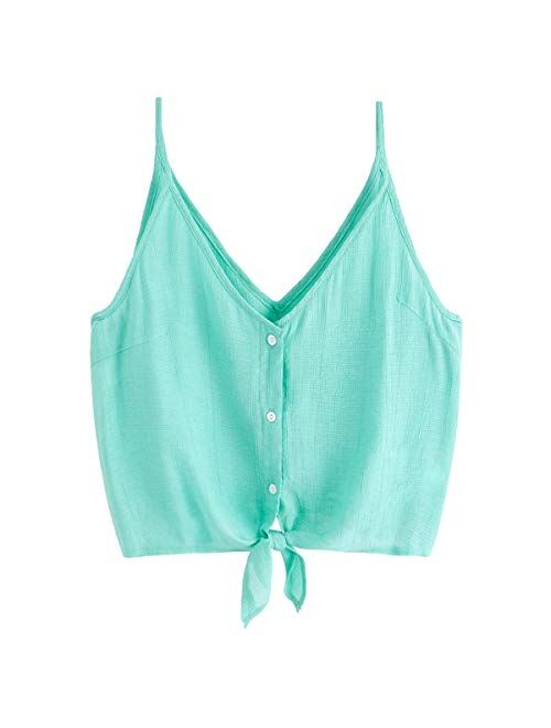 MakeMeChic Women's Casual V Neck Button Seft Tie Front Crop Cami Tops Camisole