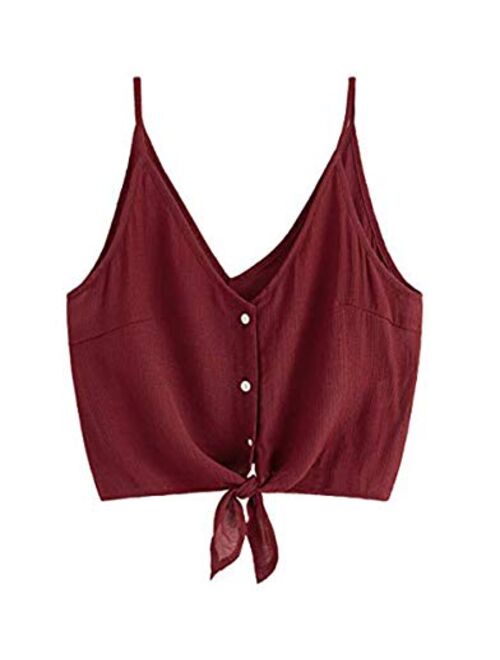 MakeMeChic Women's Casual V Neck Button Seft Tie Front Crop Cami Tops Camisole