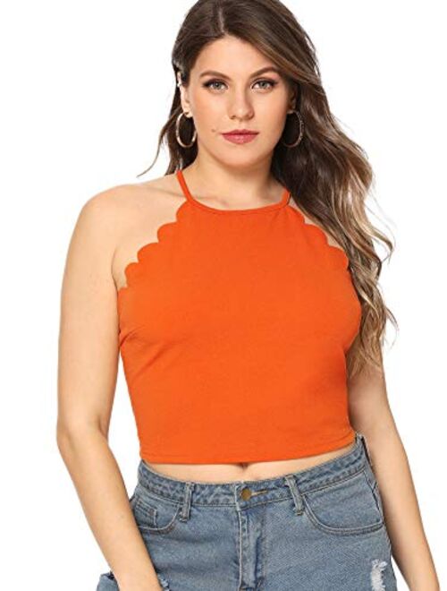 MakeMeChic Women's Solid Halter Neck Cami Scallop Trim Workout Crop Top