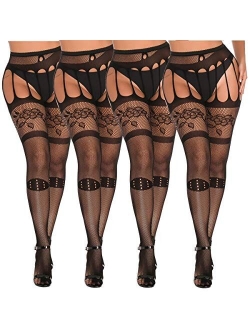 MengPa Fishnet Tights Suspender Stockings Thigh-High Pantyhose Black