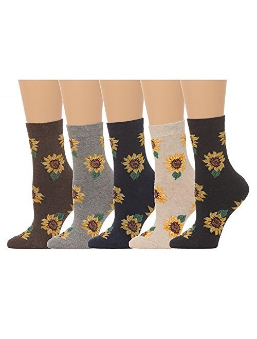 Women's Sunflower Print Crew Socks - (5 pair set)