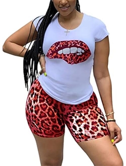 Elosele Women 2 Piece Outfit Short Sleeve Red Lip Leopard Tongue Print T-Shirt Bodycon Shorts Set Tracksuit Jumpsuit