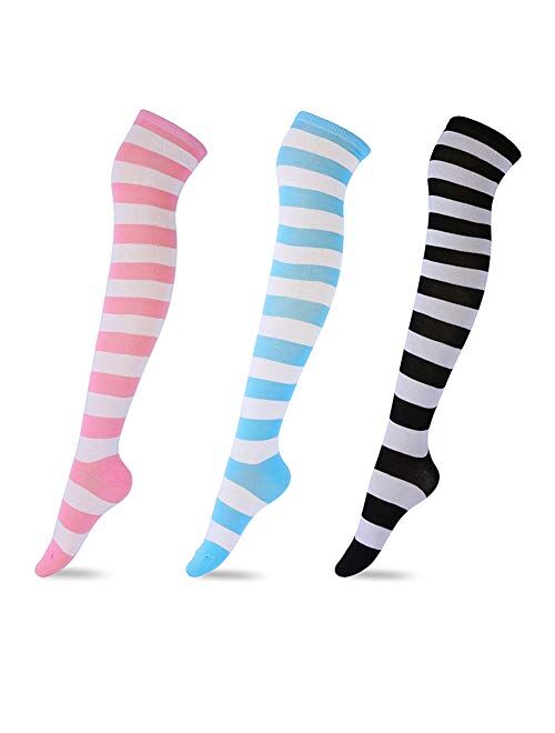 3 Pairs Over Knee High Socks Women Striped Thigh Stockings for Halloween Cosplay Leg warmer