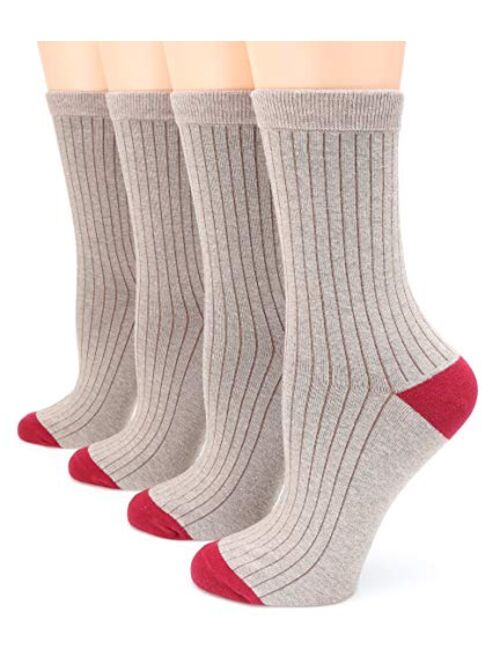 MIRMARU Women's 4 Pairs Solid Color Lightweight Ribbed knitted Soft Cotton Casual Crew Socks