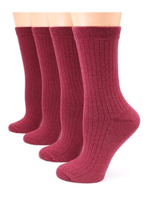 MIRMARU Women's 4 Pairs Solid Color Lightweight Ribbed knitted Soft Cotton Casual Crew Socks