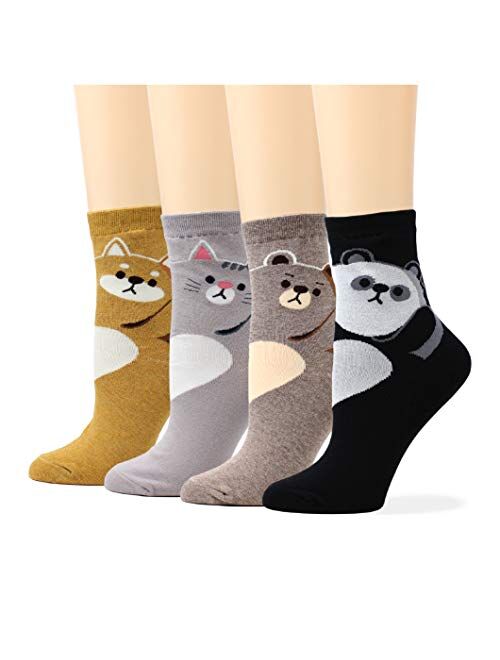 LIVEBEAR Womens 4/5/8/10 Pairs Cute Funny Animal Novelty Casual Cotton Crew Socks (Made In Korea)